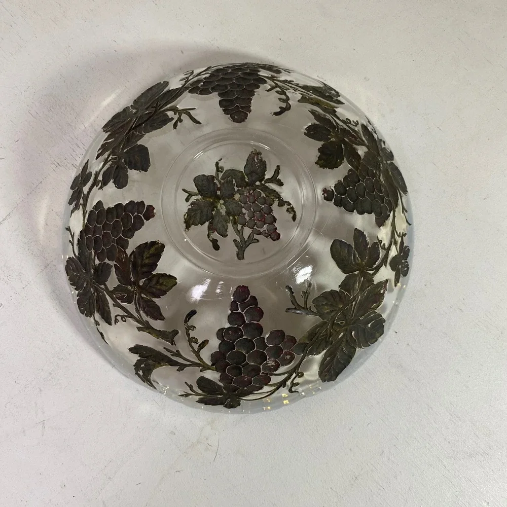 Vintage Dugan Goofus Painted Grape Glass Bowl Milk Glass Scalloped Edge 11